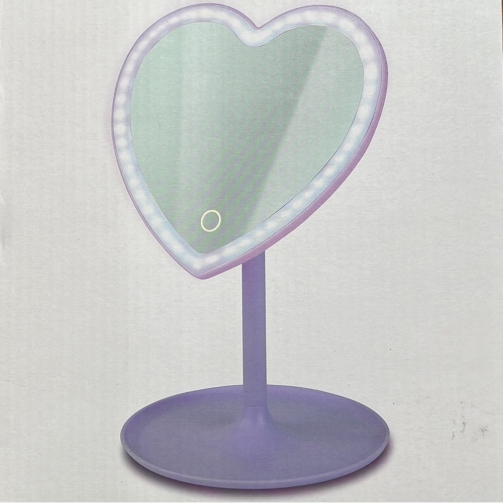 NIB Wireless LED Mirror Purple Heart Shaped Makeup Mirror w/ Touch Light & Tray